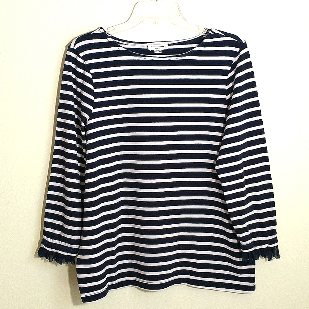 Beach Lunch Lounge collection  navy and white stripe boatneck 3/4 sleeve top. LG